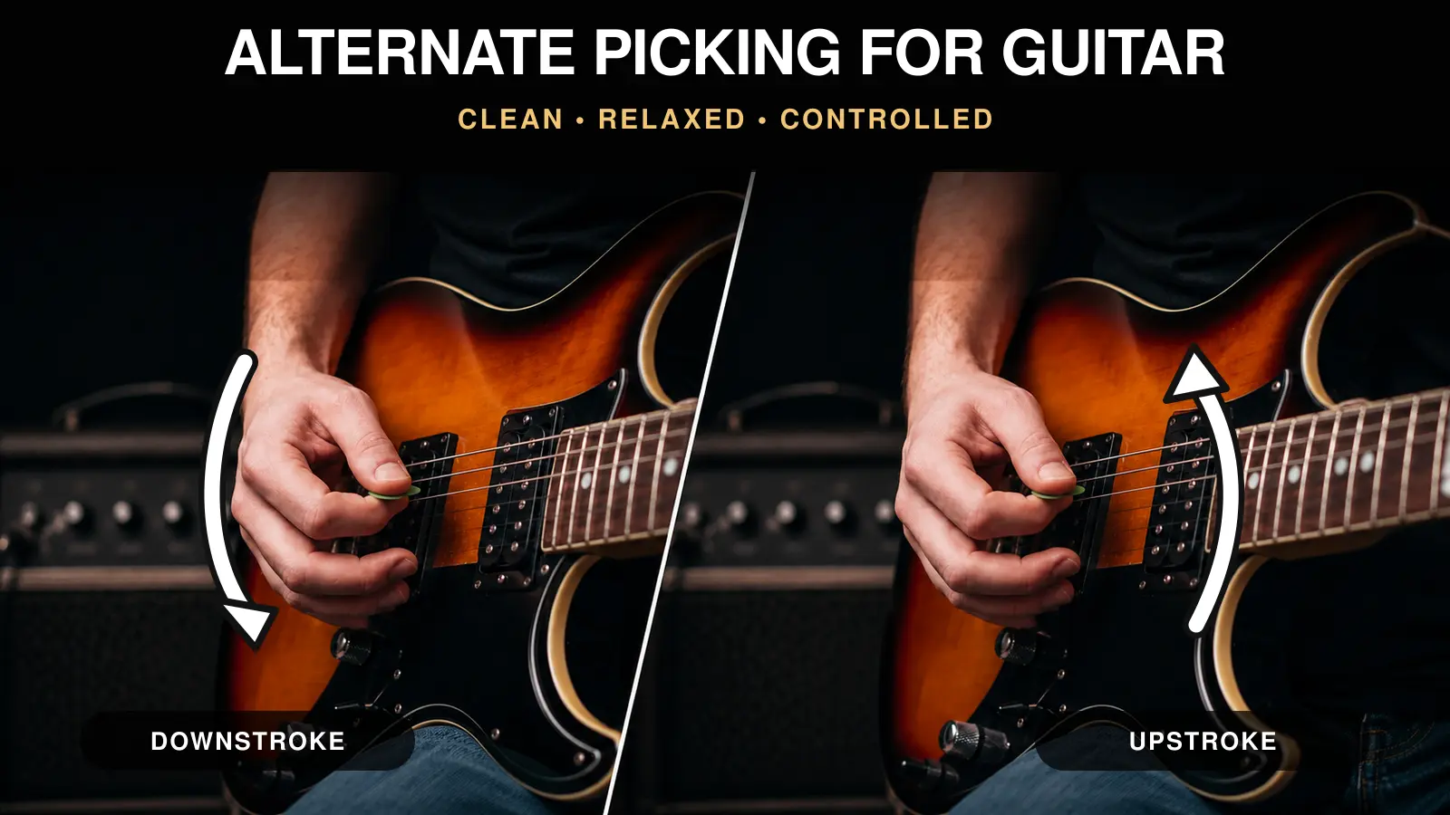 Split view of a guitarist demonstrating alternate-picking downstrokes and upstrokes Split view of a guitarist demonstrating alternate-picking downstrokes and upstrokes