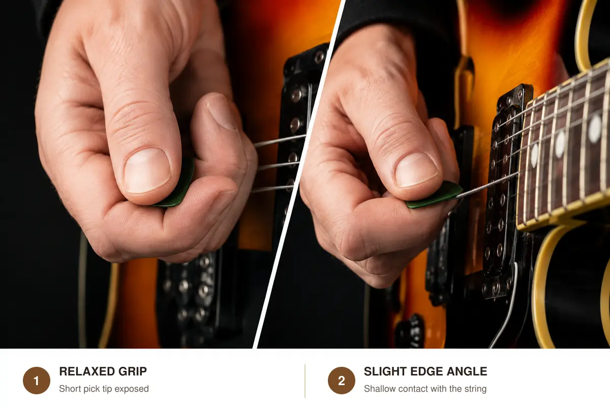 Relaxed pick grip, short exposed tip and slight edge angle Two-panel close-up showing a relaxed guitar-pick grip and slight edge angle against a string