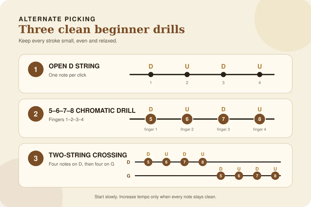 Visual summary of three beginner alternate-picking drills Three alternate-picking drills showing down and up strokes for an open string, frets 5–6–7–8 and two-string crossing